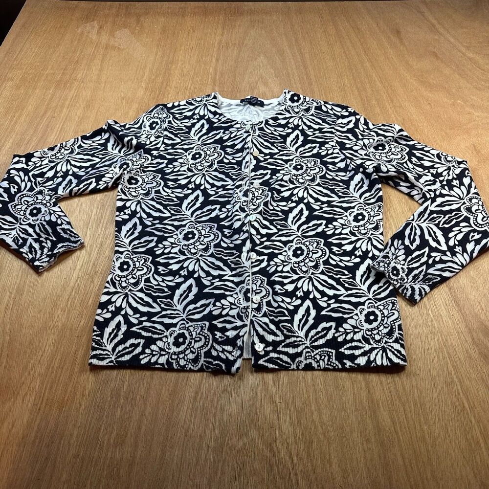 Lands End Cardigan Womens Small Black White Floral Button Front Sweater